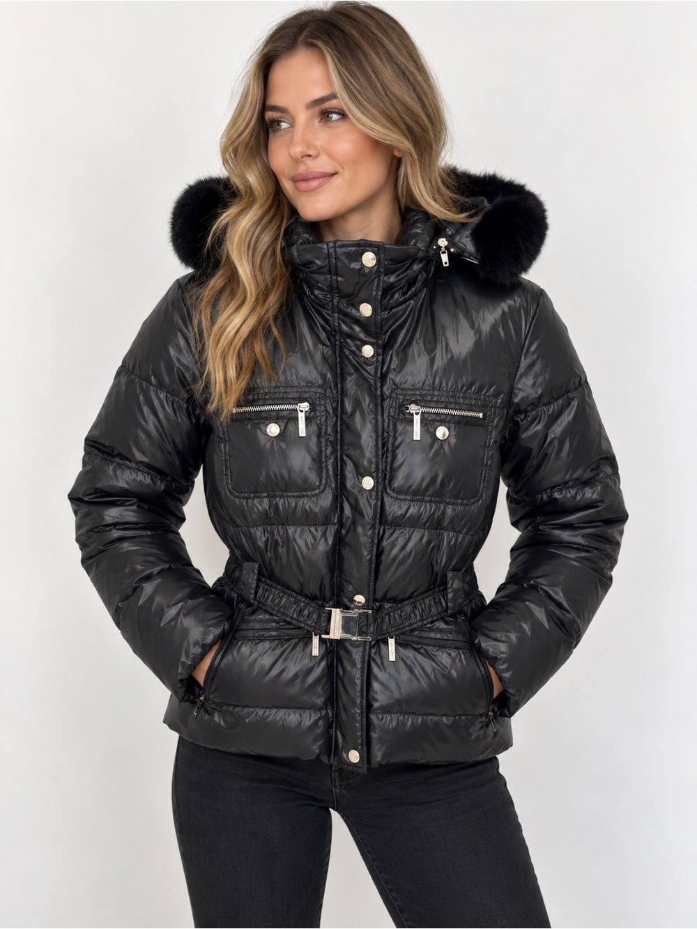 Michael Kors Black Glossy Down Puffer Jacket Rabbit Fur Hood Belted M